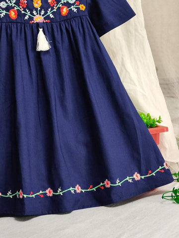 Young Girl Short Sleeve Flowers Embroidered Casual Princess Dress For Party Young Girl Summer Clothes
