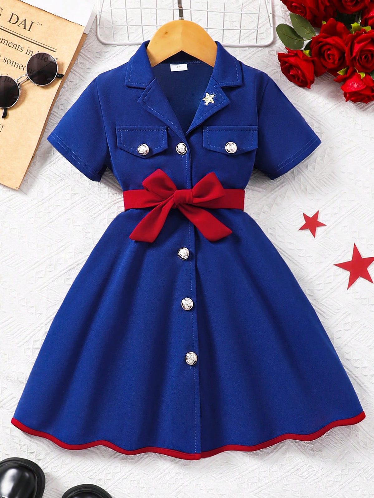 Young Girl Short Sleeve Polo Collar Solid Color Dress With Belt