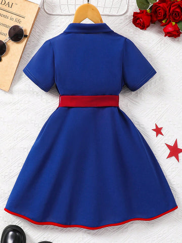 Young Girl Short Sleeve Polo Collar Solid Color Dress With Belt