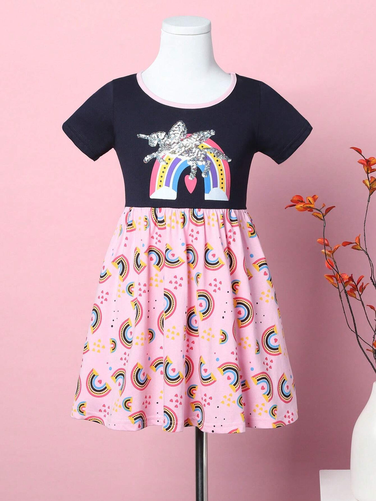 Young Girl Short Sleeve Rainbow Print A-Line Casual Dress With Sequin Unicorn Embroidery