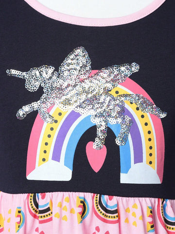 Young Girl Short Sleeve Rainbow Print A-Line Casual Dress With Sequin Unicorn Embroidery