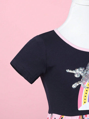 Young Girl Short Sleeve Rainbow Print A-Line Casual Dress With Sequin Unicorn Embroidery