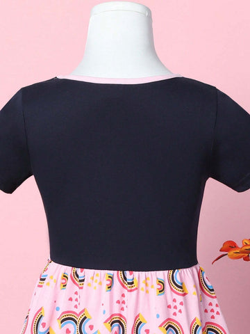Young Girl Short Sleeve Rainbow Print A-Line Casual Dress With Sequin Unicorn Embroidery