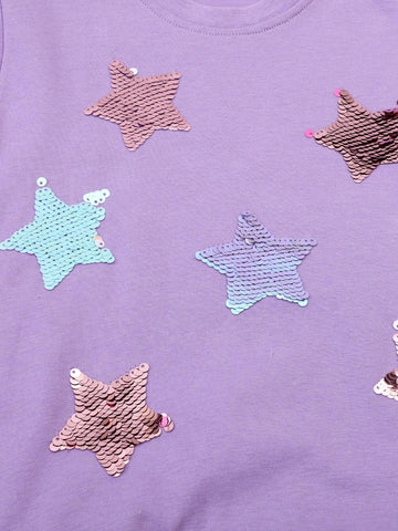 Young Girl Short Sleeve Summer Round Neck Sporty And Casual Comfortable European And American Style Princess Dress With Star Patchwork And Sequins Embellishment