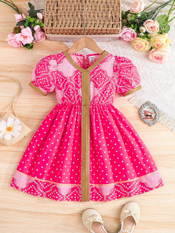 Young Girl Silver & Gold Flower Trim Polka Dot Spring/Summer Dress
