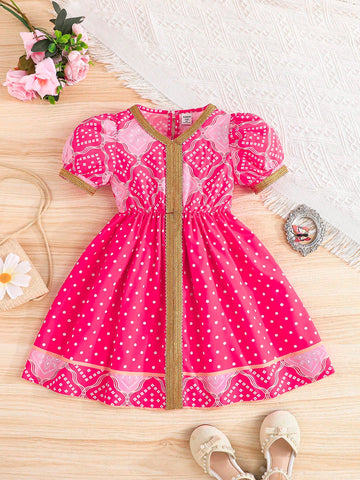 Young Girl Silver & Gold Flower Trim Polka Dot Spring/Summer Dress