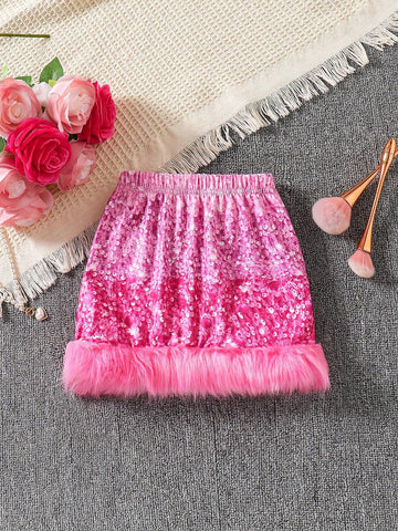 Young Girl Simple Casual Fashionable Sequined Fuzzy Hem Mini Skirt, Suitable For Party & Gatherings