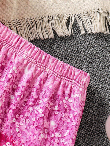 Young Girl Simple Casual Fashionable Sequined Fuzzy Hem Mini Skirt, Suitable For Party & Gatherings