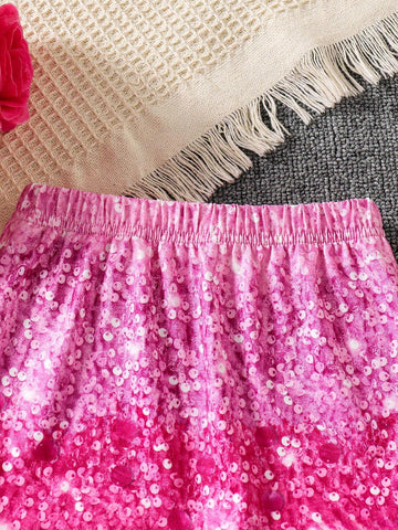Young Girl Simple Casual Fashionable Sequined Fuzzy Hem Mini Skirt, Suitable For Party & Gatherings