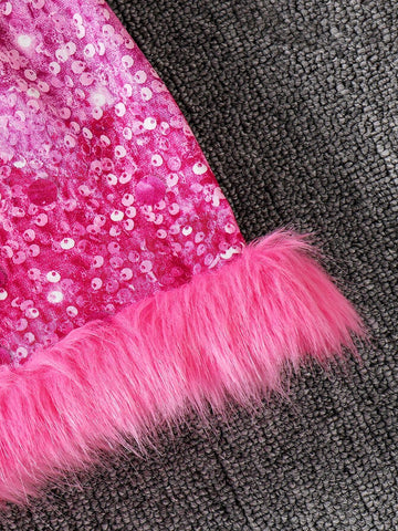 Young Girl Simple Casual Fashionable Sequined Fuzzy Hem Mini Skirt, Suitable For Party & Gatherings