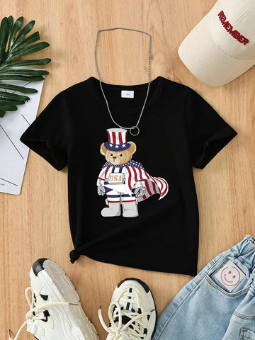 Young Girl Simple Casual Solid Color Round Neck T-Shirt Suitable For Daily Outings In Spring And Summer