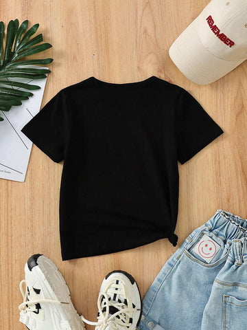 Young Girl Simple Casual Solid Color Round Neck T-Shirt Suitable For Daily Outings In Spring And Summer