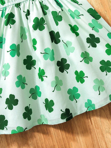 Young Girl' Simple Clover Print Dress, Lightweight & Comfortable For Outings. Pale Green With Clover Print
