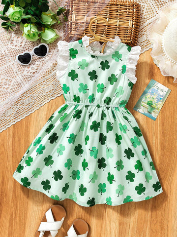 Young Girl' Simple Clover Print Dress, Lightweight & Comfortable For Outings. Pale Green With Clover Print