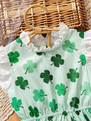 Young Girl' Simple Clover Print Dress, Lightweight & Comfortable For Outings. Pale Green With Clover Print