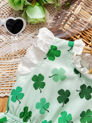 Young Girl' Simple Clover Print Dress, Lightweight & Comfortable For Outings. Pale Green With Clover Print