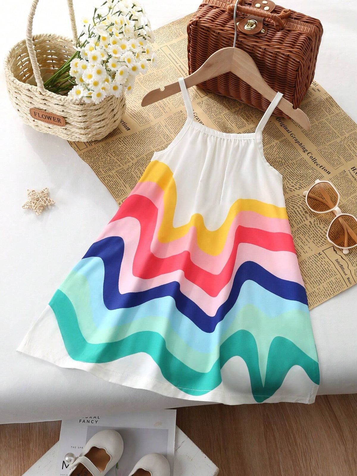 Young Girl Simple Rainbow Printed Spaghetti Strap A-Line Loose Dress For Summer Vacation