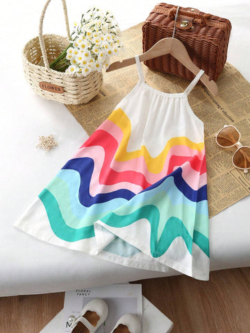 Young Girl Simple Rainbow Printed Spaghetti Strap A-Line Loose Dress For Summer Vacation