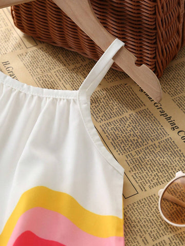 Young Girl Simple Rainbow Printed Spaghetti Strap A-Line Loose Dress For Summer Vacation