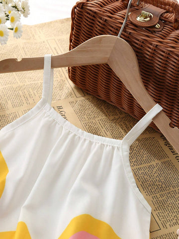 Young Girl Simple Rainbow Printed Spaghetti Strap A-Line Loose Dress For Summer Vacation