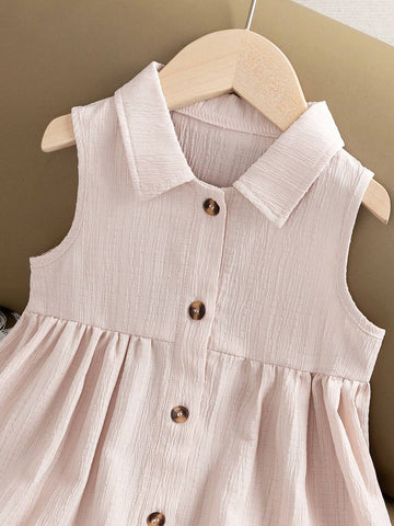 Young Girl Simple Solid Color Sleeveless A-Line Dress With Turn-Down Collar And Buttons, Summer