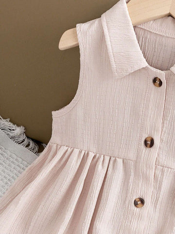 Young Girl Simple Solid Color Sleeveless A-Line Dress With Turn-Down Collar And Buttons, Summer