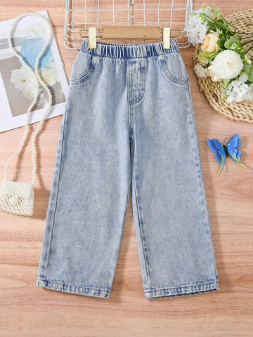 Young Girl Simple & Versatile Light Washed Blue Long Straight Jeans