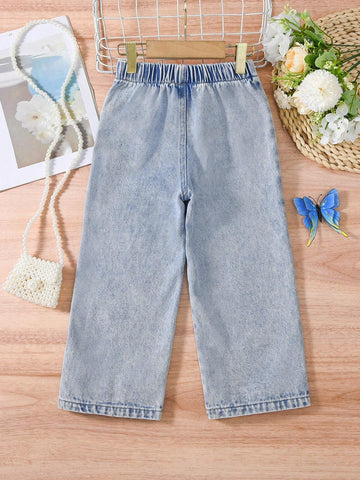 Young Girl Simple & Versatile Light Washed Blue Long Straight Jeans