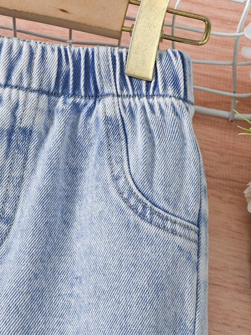 Young Girl Simple & Versatile Light Washed Blue Long Straight Jeans