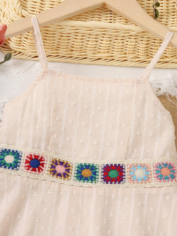 Young Girl Single Strap Sleeveless Cami Dress With Lace Detailing On Waist, Holiday Dress For Summer
