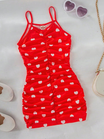 Young Girl Siren Style Heart Print Pleated Ruched Snug Fit Camisole Dress