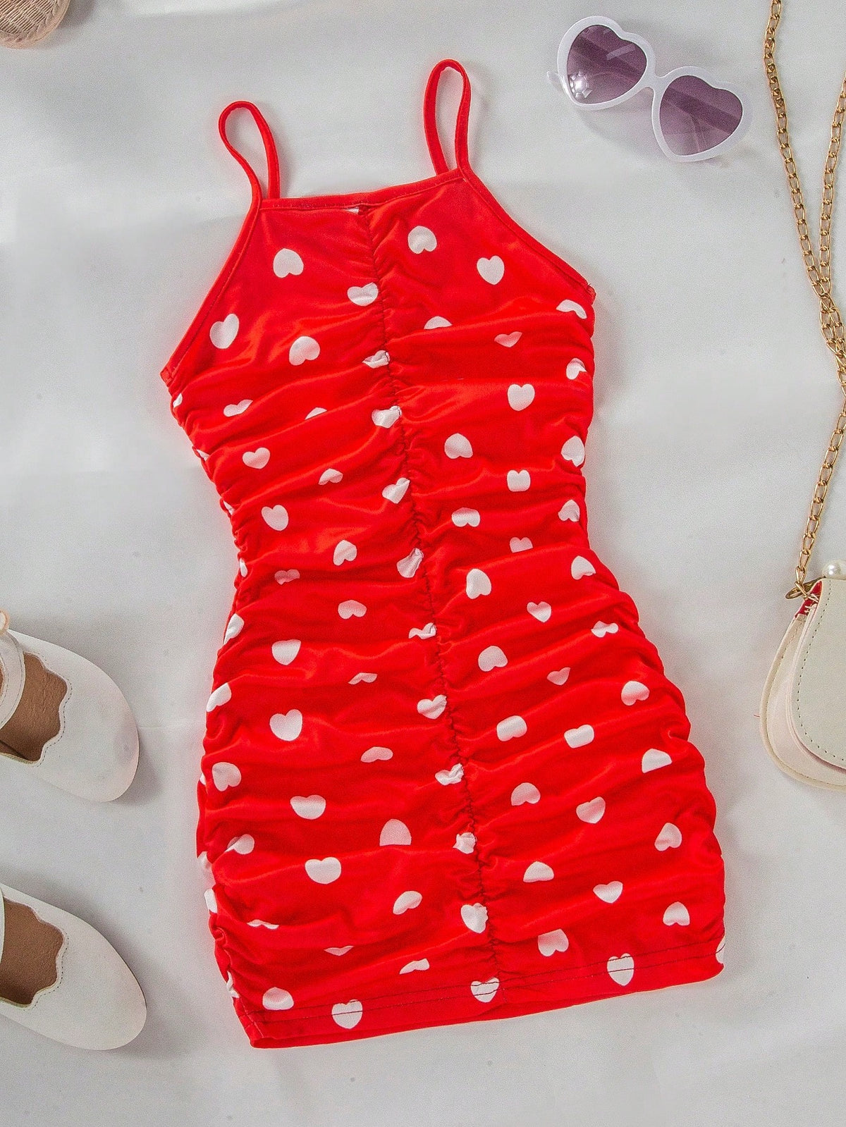 Young Girl Siren Style Heart Print Pleated Ruched Snug Fit Camisole Dress