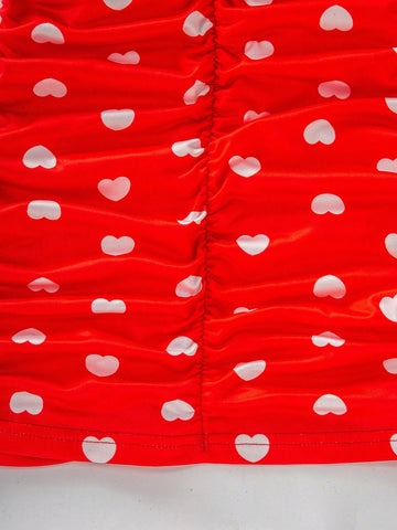 Young Girl Siren Style Heart Print Pleated Ruched Snug Fit Camisole Dress