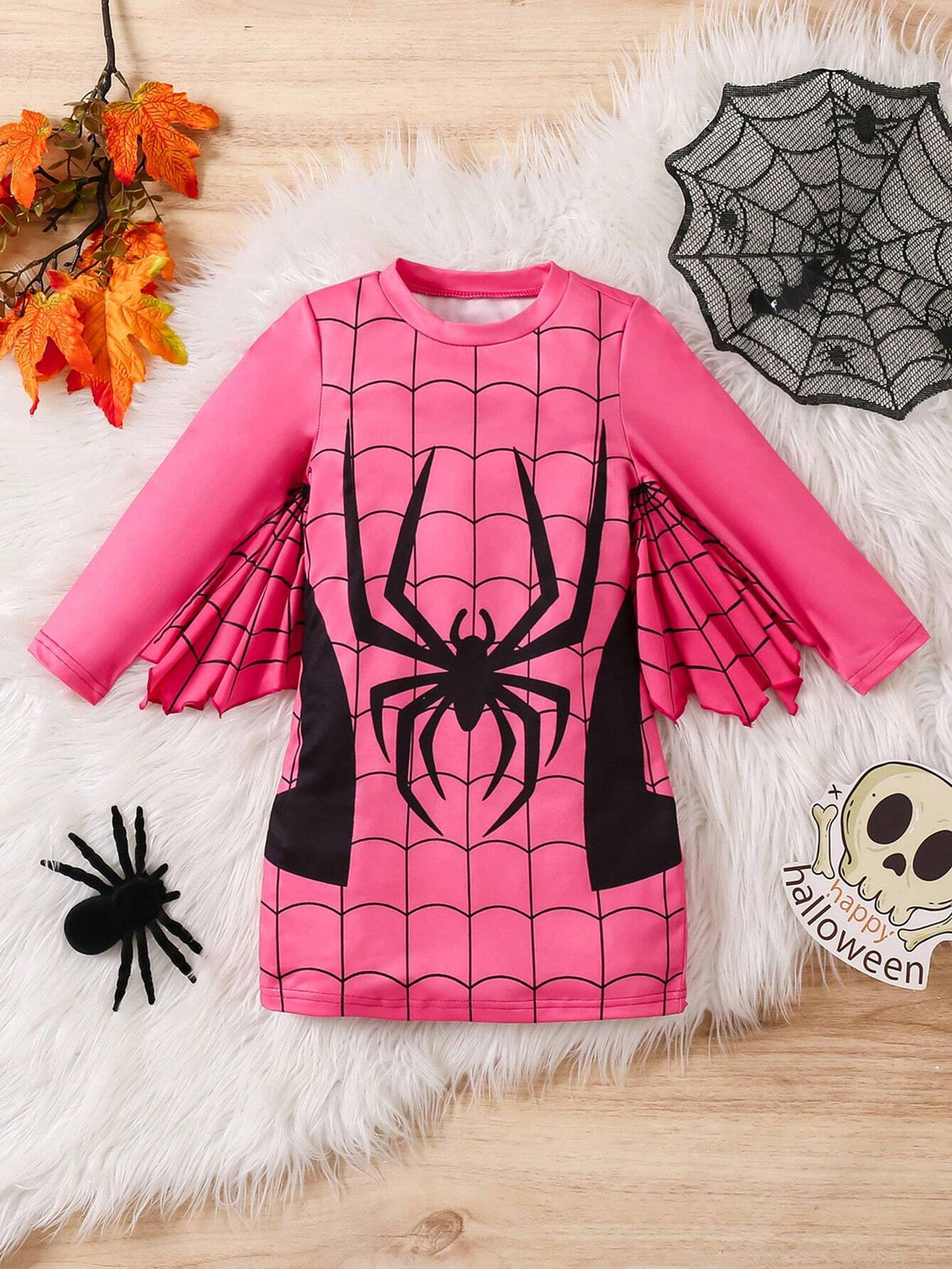 Young Girl Skeleton Print Long Sleeve Black Dress, Suitable For Daily Casual Wear, Outdoor Activities, And Suitable For Autumn And Winter Seasons.