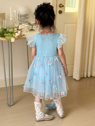 Young Girl Sky Blue Floral Embroidery Patch Mesh Square Neckline Cap Sleeve Handbag Dress