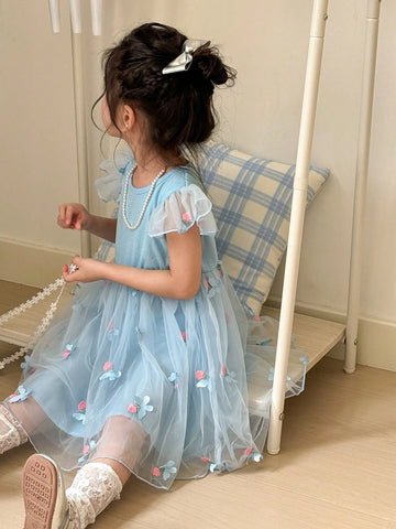 Young Girl Sky Blue Floral Embroidery Patch Mesh Square Neckline Cap Sleeve Handbag Dress