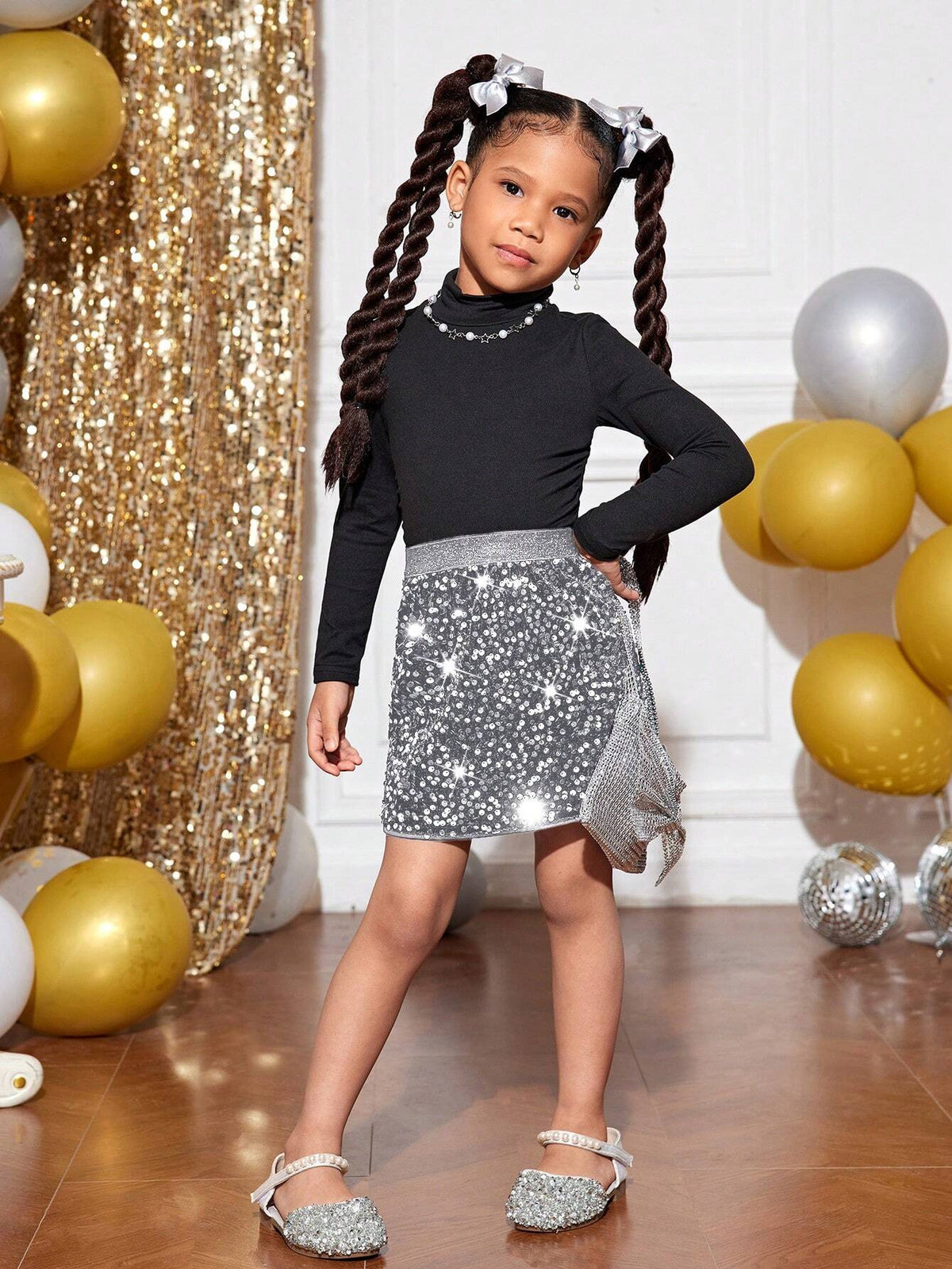 Young Girl Slayr Young Girl Bead Decorated Flared Half-Slip Skirt, Suitable For Holiday Party, Outing