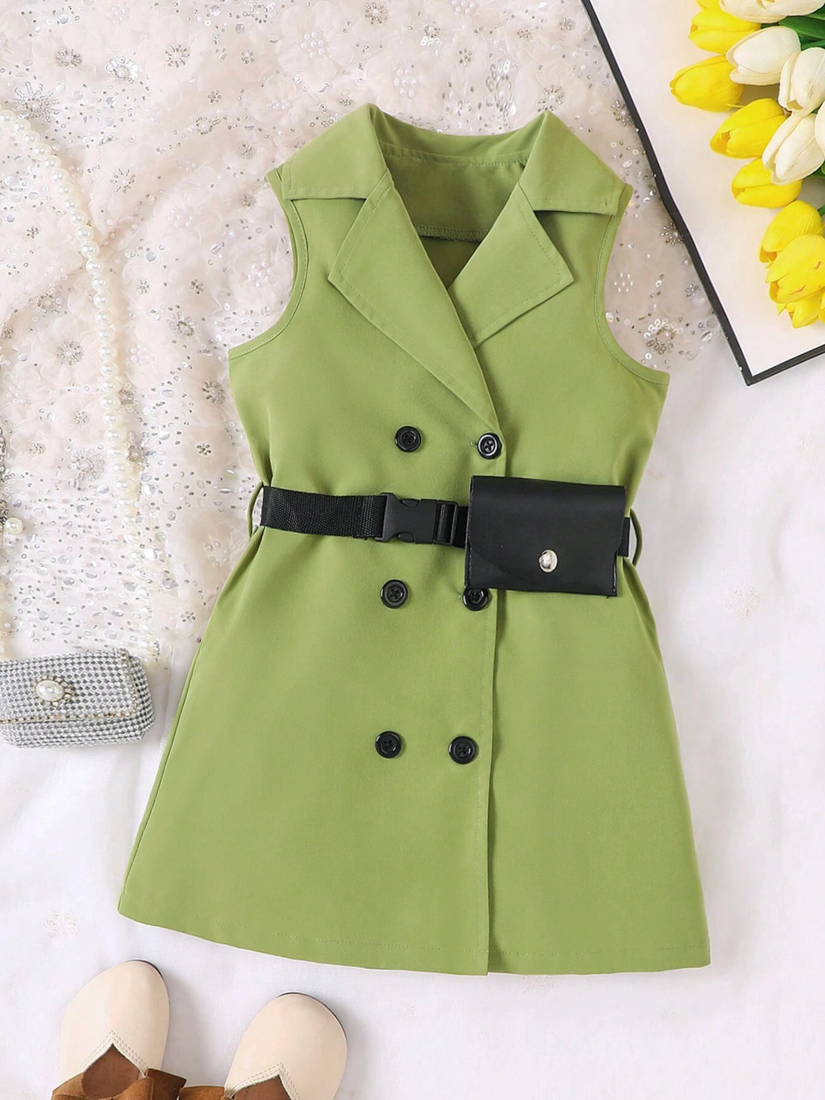 Young Girl Sleeveless Blazer Waist Bag Dress, Spring/Summer