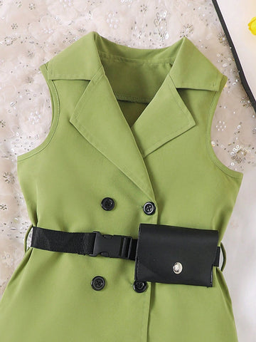 Young Girl Sleeveless Blazer Waist Bag Dress, Spring/Summer