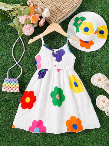 Young Girl Sleeveless Casual Outdoor Holiday Style Floral Printed Dress, Summer (Comes With 1 Sun Hat)