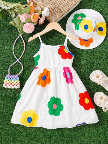 Young Girl Sleeveless Casual Outdoor Holiday Style Floral Printed Dress, Summer (Comes With 1 Sun Hat)