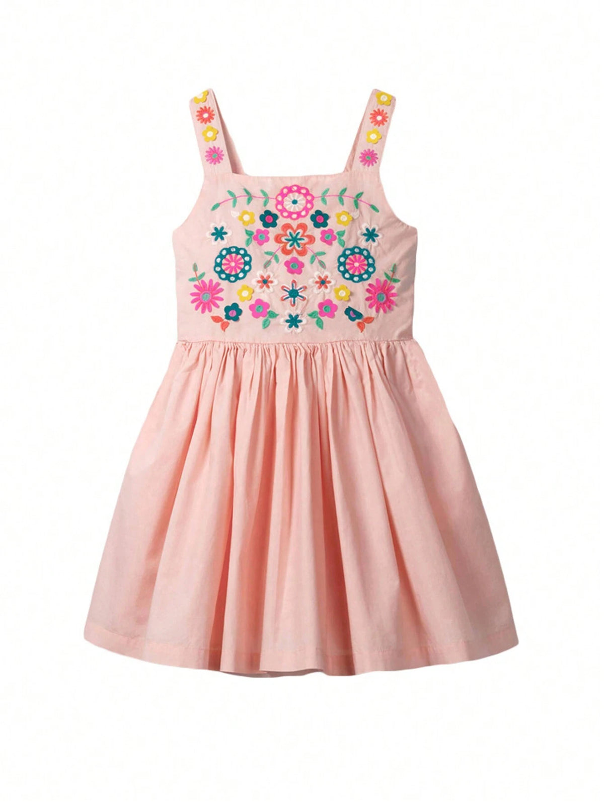 Young Girl Sleeveless Dress With Cute Embroidered Flowers, Made Of Pure Cotton In Pink Color, Suitable For Summer