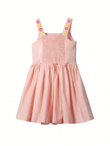 Young Girl Sleeveless Dress With Cute Embroidered Flowers, Made Of Pure Cotton In Pink Color, Suitable For Summer