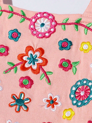 Young Girl Sleeveless Dress With Cute Embroidered Flowers, Made Of Pure Cotton In Pink Color, Suitable For Summer