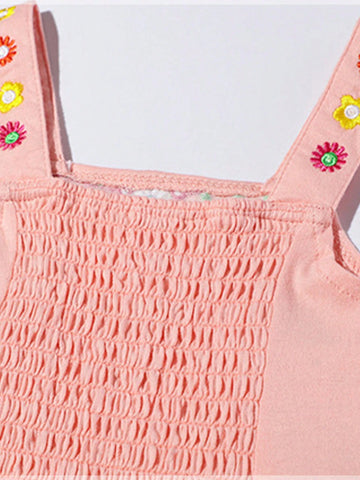 Young Girl Sleeveless Dress With Cute Embroidered Flowers, Made Of Pure Cotton In Pink Color, Suitable For Summer