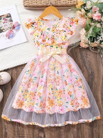 Young Girl' Sleeveless Floral Print Mesh Dress With Round Neck