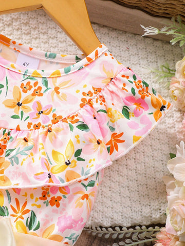 Young Girl' Sleeveless Floral Print Mesh Dress With Round Neck