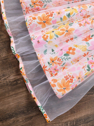 Young Girl' Sleeveless Floral Print Mesh Dress With Round Neck