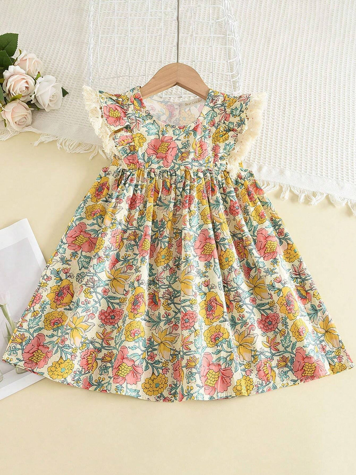 Young Girl Sleeveless Printed Fringed Dress For Summer