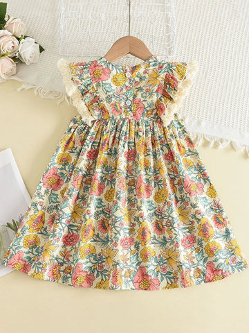 Young Girl Sleeveless Printed Fringed Dress For Summer